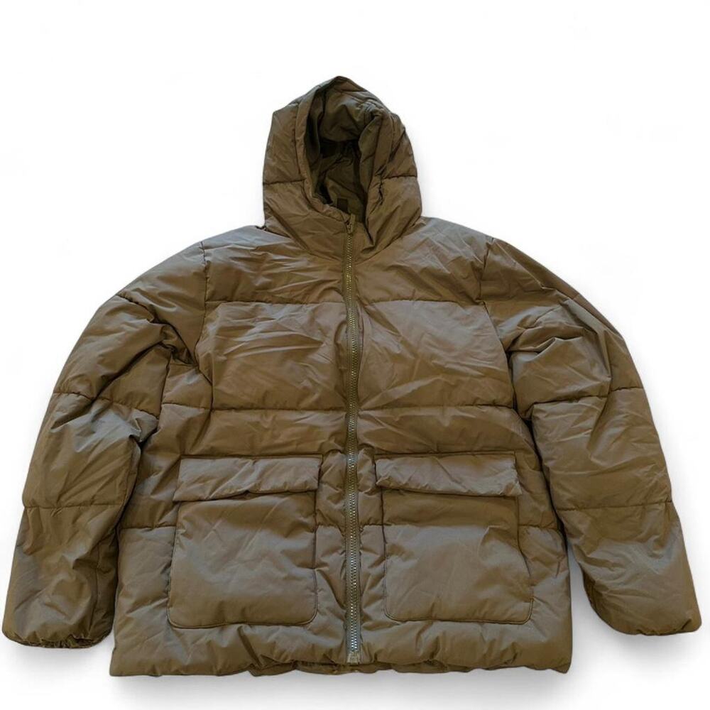 Khaki puffer jacket with hood